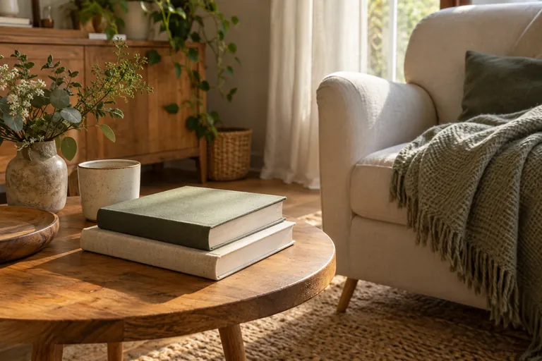 Deux livres fermés sont posés près d’un fauteuil et d’un plaid