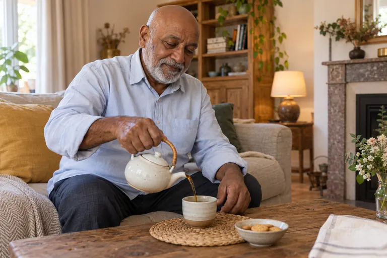 Un homme âgé verse du thé dans une tasse, assis dans son salon