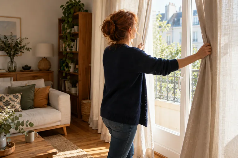 Une femme ouvre les rideaux de son salon