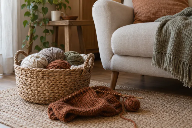 Un panier de laine et un tricot commencé sont posés près d’un fauteuil