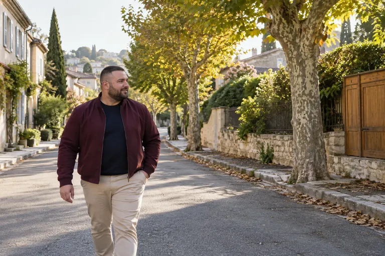 Un homme marche dans une rue calme bordée d’arbres