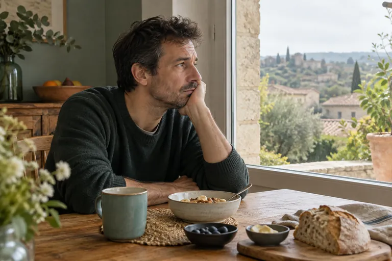 Un homme regarde par la fenêtre, assis devant son petit-déjeuner