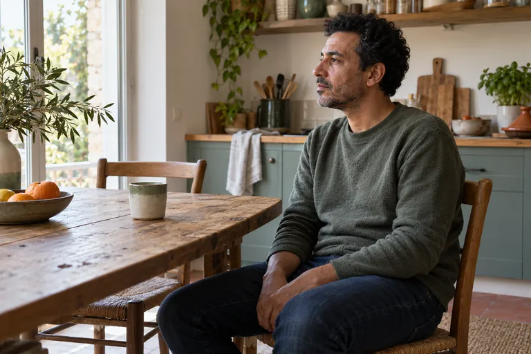 Un homme est assis à une table de cuisine, les mains posées sur ses cuisses
