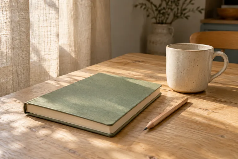 Un carnet fermé, un crayon et une tasse reposent sur une table près d’un rideau