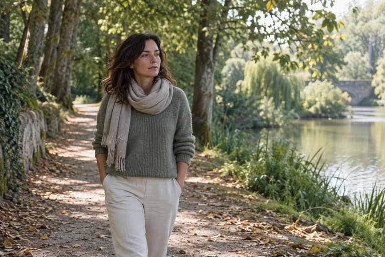 Une femme marche sur un chemin arboré au bord de l’eau