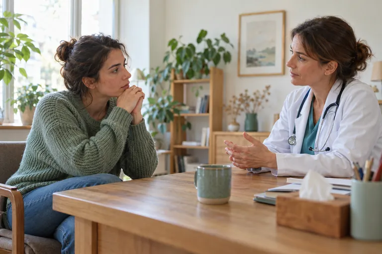 Une femme échange avec une médecin dans un cabinet lumineux
