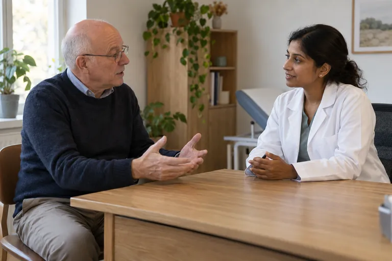 Un homme âgé échange avec une médecin à son bureau