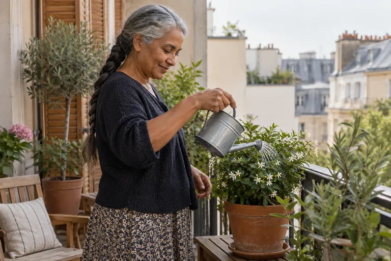 Une femme arrose une plante sur son balcon