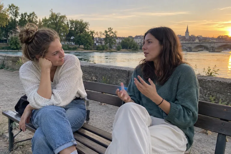 Deux amies assises sur un banc au bord d’une rivière, l’une écoute l’autre avec attention