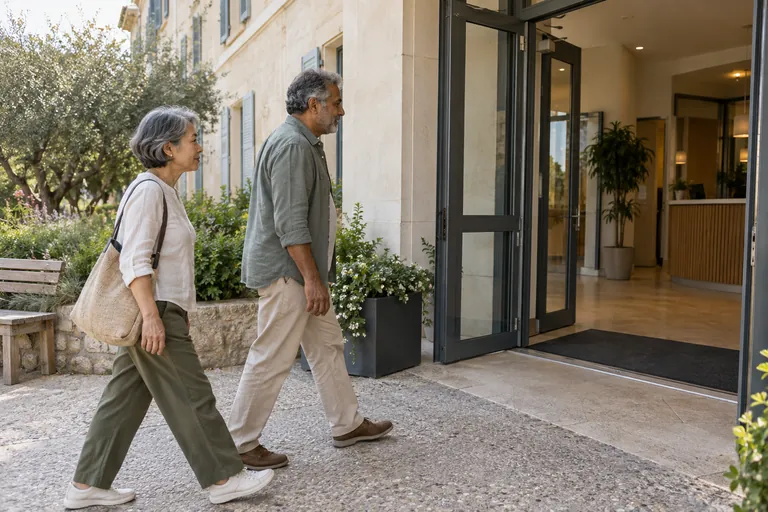 Deux adultes se dirigent vers l’entrée d’un bâtiment de consultation