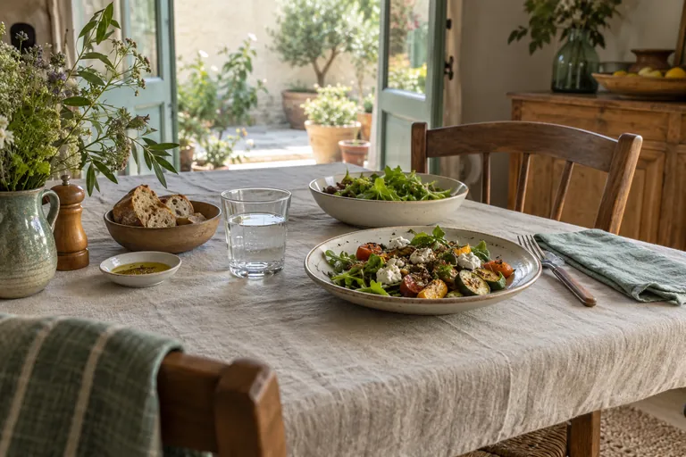 Une assiette de légumes, du pain et un verre d’eau sont disposés sur une table