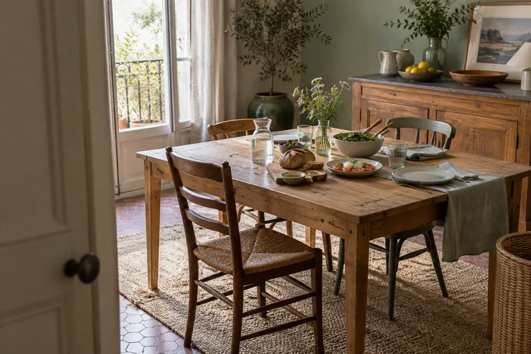 Une table de repas dressée dans une pièce lumineuse