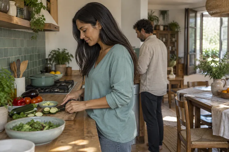 Une femme prépare des légumes dans une cuisine