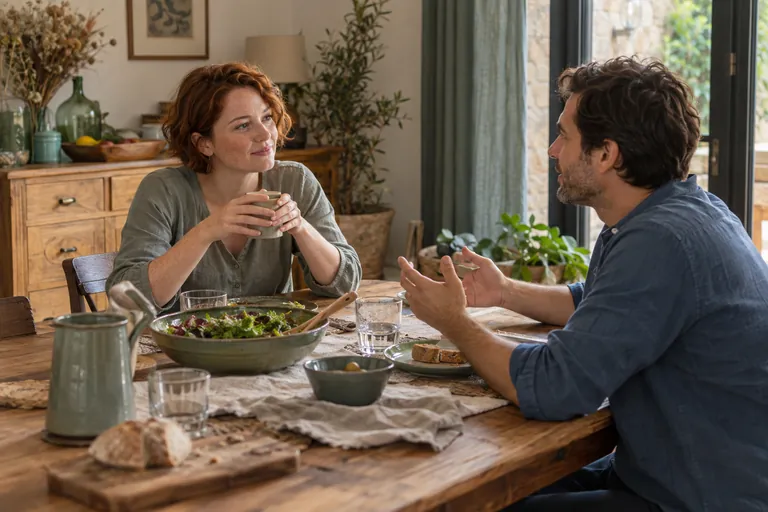 Deux adultes discutent autour d’un repas