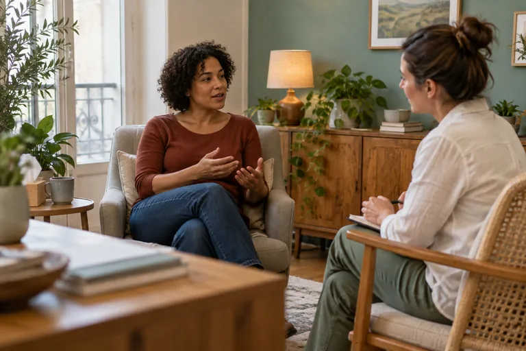 Une femme parle avec une professionnelle de santé
