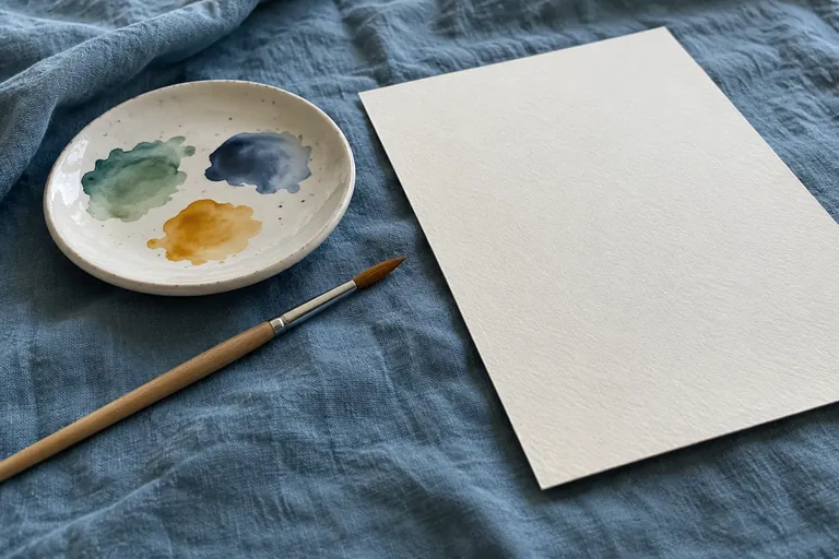 Une feuille vierge, un pinceau et une assiette portant trois couleurs reposent sur un tissu bleu.
