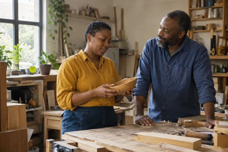 Deux adultes observent un bol en bois tenu par une femme dans un atelier.
