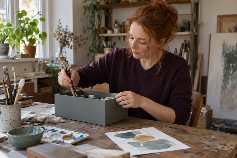 Une femme range des pinceaux dans une boîte sur une table d’atelier.