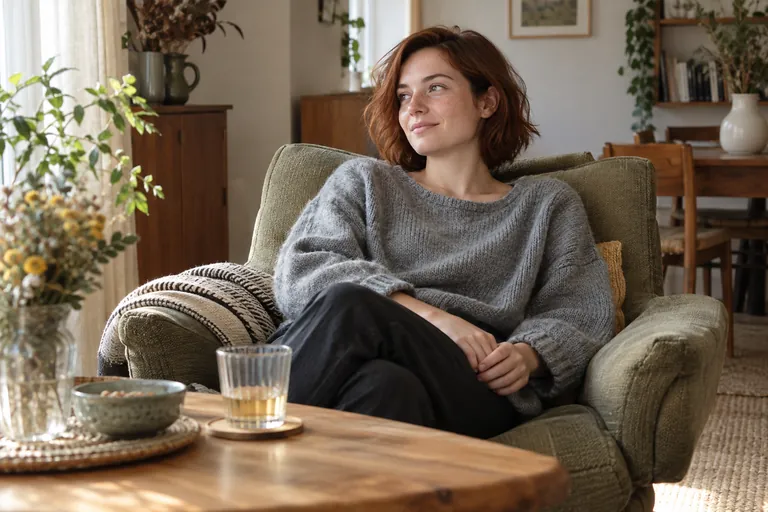 Une femme rousse est assise dans un fauteuil près d’une table basse