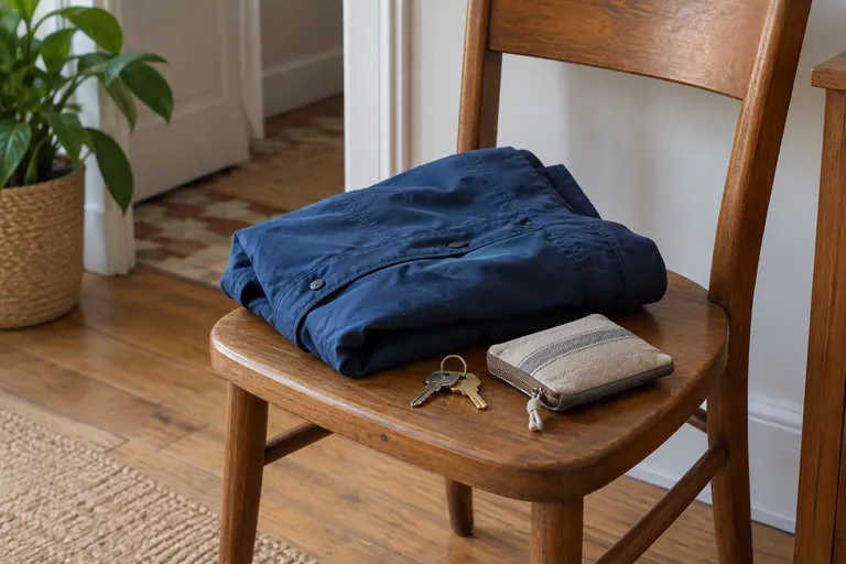 Une veste pliée, des clés et une pochette reposent sur une chaise
