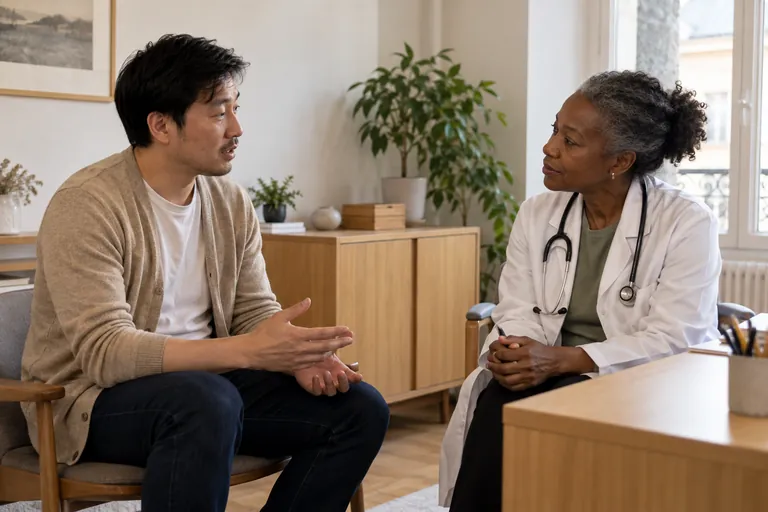 Un homme échange avec une médecin dans un cabinet
