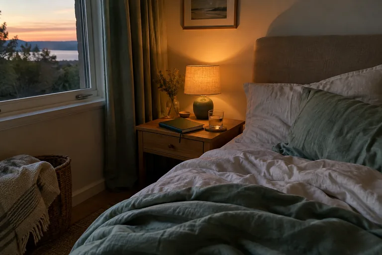 Une chambre au crépuscule avec une lampe de chevet allumée, un carnet fermé et un verre d’eau sur la table de nuit