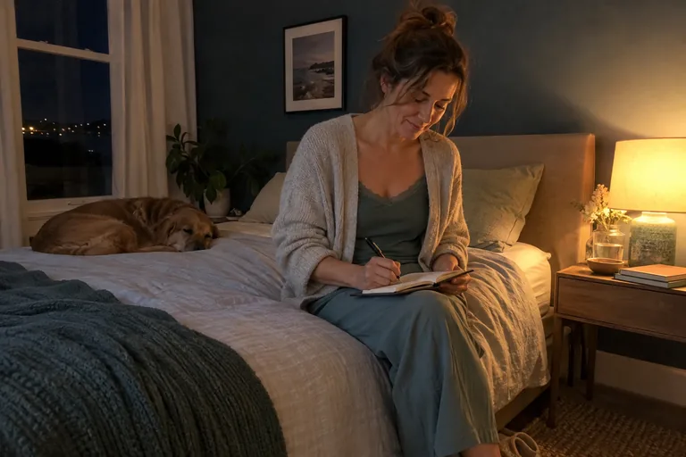Une femme assise au bord de son lit, lampe allumée, note quelques lignes dans un carnet avant de dormir