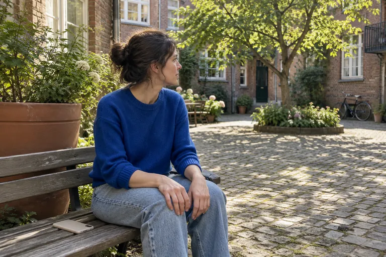 Une femme assise sur un banc regarde la cour, un téléphone retourné posé à côté d’elle.