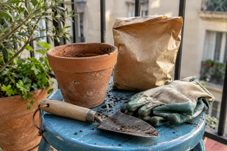 Un pot en terre cuite, des gants, une petite pelle et un sac en papier sont posés sur un tabouret bleu.