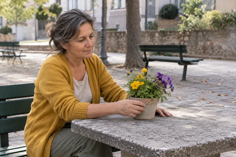 Une femme assise à une table extérieure tient un pot de fleurs jaunes et violettes.