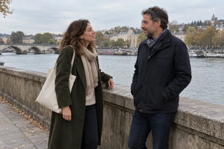 Deux adultes discutent debout près du parapet d’un quai.