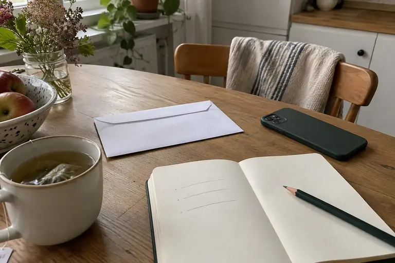 Une enveloppe fermée, un carnet de questions et un téléphone retourné sur une table de cuisine