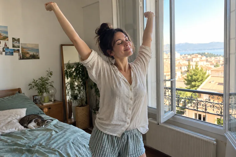 Une femme s’étire les bras au-dessus de la tête près d’une fenêtre ouverte, les yeux mi-clos