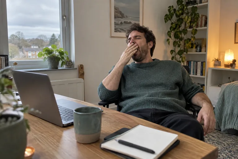 Un homme à son bureau se recule sur sa chaise et bâille derrière sa main en milieu d’après-midi