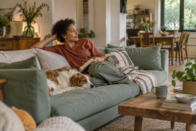 Une femme se repose sur un canapé avec un livre fermé