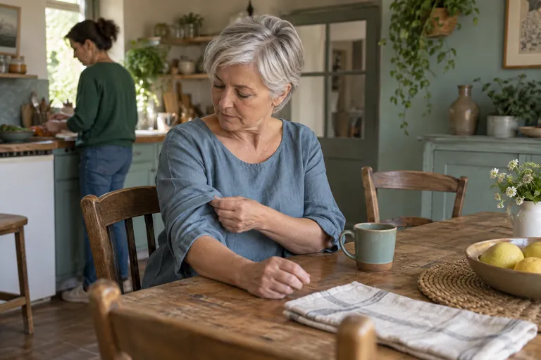 Une femme ajuste sa manche assise à une table