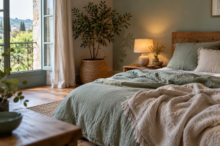 Un lit préparé avec une couverture et des oreillers