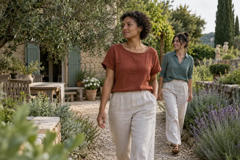 Deux femmes marchent dans un jardin