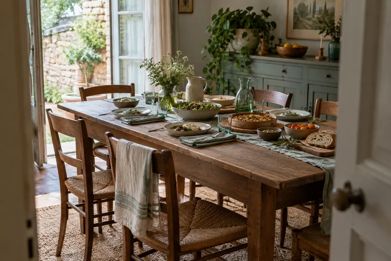 Une table est dressée avec plusieurs plats et des verres d’eau