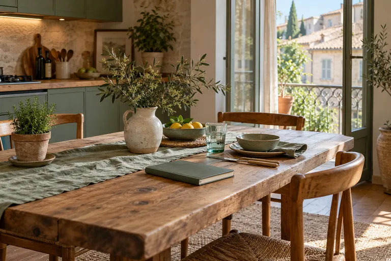 Un carnet fermé et de la vaisselle reposent sur une table