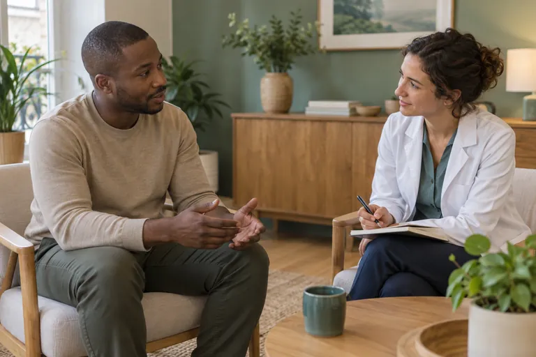 Un homme parle avec une professionnelle de santé