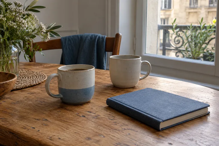 Deux tasses et un carnet fermé sont posés près d’une fenêtre