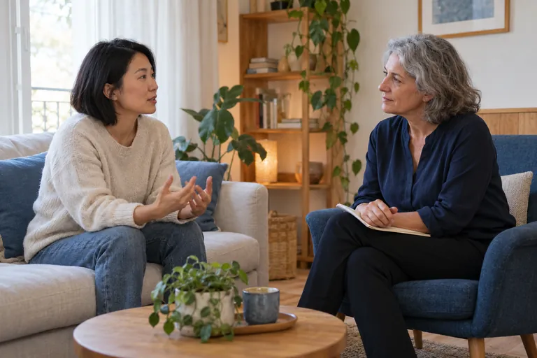 Deux femmes échangent dans un cabinet accueillant
