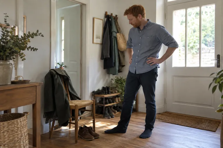 Un homme debout dans une entrée regarde des chaussures posées près d’une chaise.