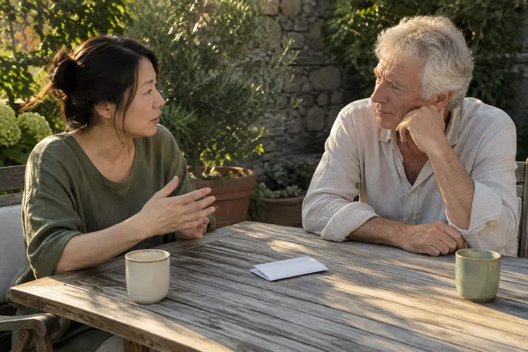Deux adultes discutent à une table extérieure, avec des tasses et une enveloppe devant eux.