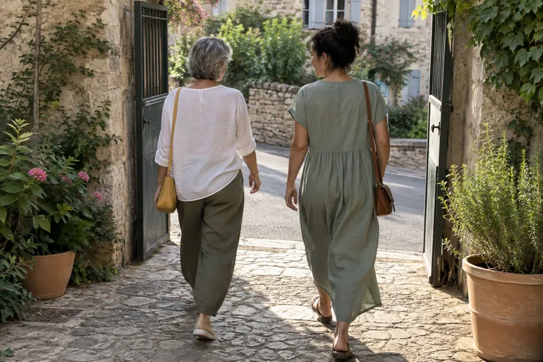 Deux femmes vues de dos passent un portail ouvert, chacune avec un sac en bandoulière.