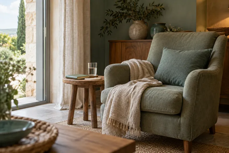 Un fauteuil vide se trouve près d’une petite table avec un verre d’eau