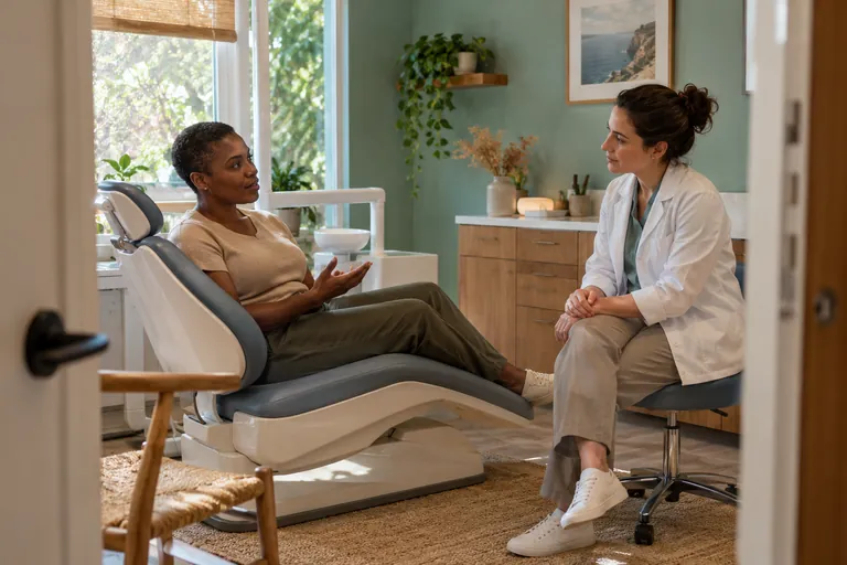 Une femme assise dans un fauteuil dentaire échange avec une dentiste