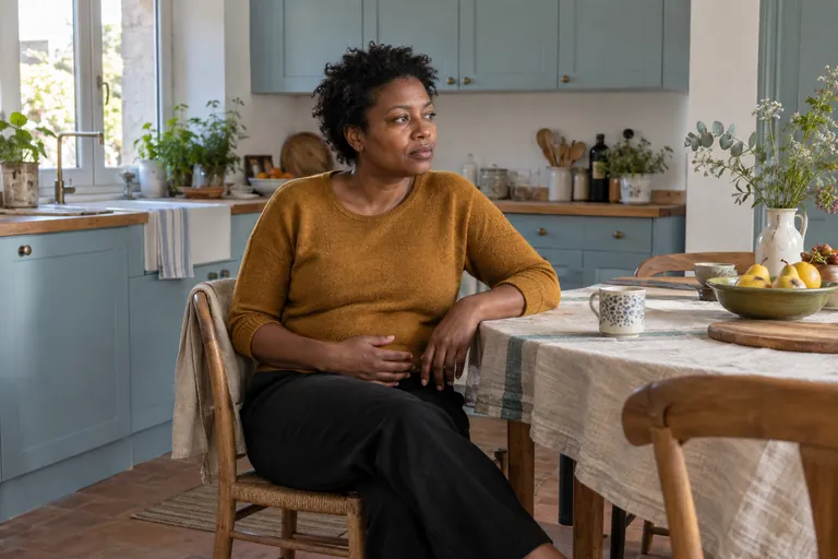 Une femme assise à une table de cuisine laisse une main reposer sur son ventre