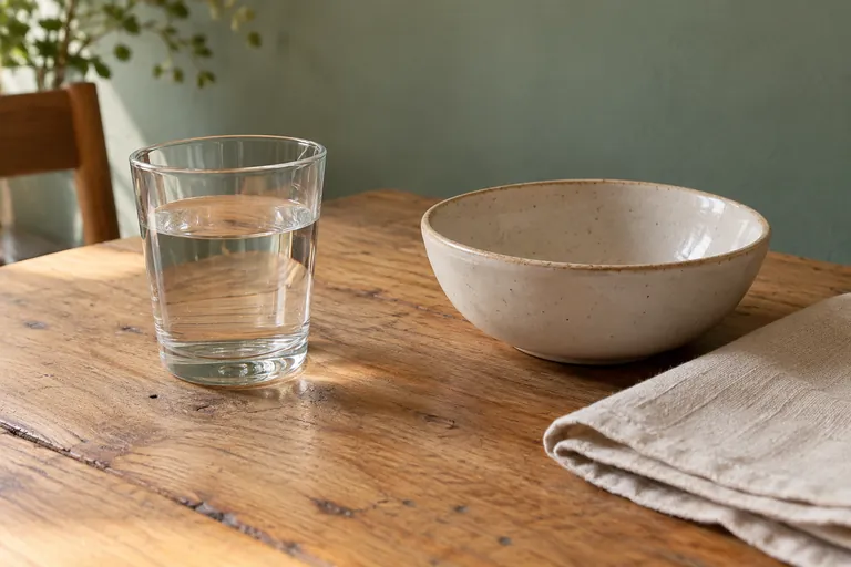 Un verre d’eau, un bol et une serviette reposent sur une table